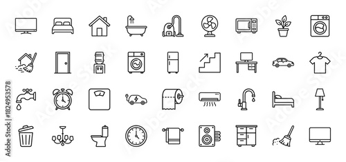 Household appliances and home living line icon set. Vector pictograms of furniture, electronics, and cleaning supplies, thin linear illustration.