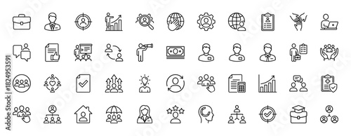 Business line icon set. Vector pictograms of team, meeting, finance, career, and management, thin linear illustration.