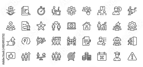 Business management and human resources line icon set. Vector pictograms of resume, handshake, strategy, meeting, target, teamwork, thin linear illustration.