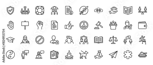 Civil rights and social justice line icon set. Vector pictograms of law, protest, peace, equality, legal aid, protection, and advocacy, thin linear illustration.