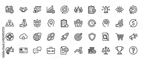 Business management line icon set. Vector pictograms of strategy, checklist, handshake, meeting, vision, finance, leadership, goal and innovation, thin linear illustration.