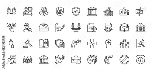 Law and justice line icon set. Vector pictograms of court, rights, handshake, gavel, and scale, thin linear illustration.