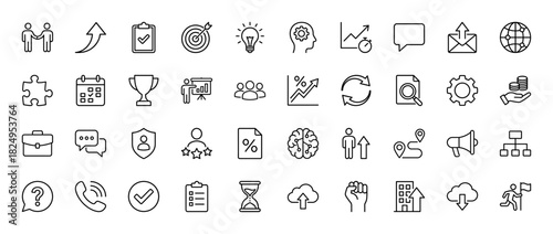 Business management and finance line icon set. Vector pictograms of strategy target, handshake, chart, idea, team, briefcase, trophy and gear, thin linear illustration.
