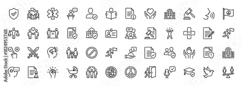 Human rights and justice line icon set. Vector pictograms of gavel, scales, peace dove, voting, protest fist, equality, and family, thin linear illustration.