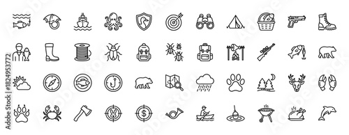 Hunting and fishing line icon set. Vector pictograms of deer, bear, rifle, tent, boat, hook, target, binoculars, compass and backpack, thin linear illustration.