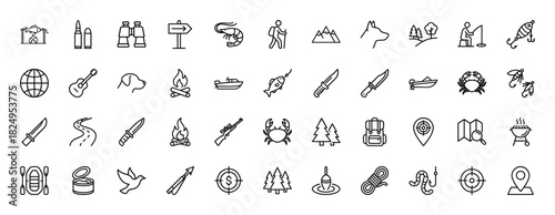 Camping and fishing line icon set. Vector pictograms of hiking gear, hunting rifle, boat, campfire, backpack, mountains, fish and forest, thin linear illustration.