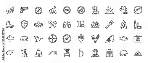 Hunting and camping line icon set. vector pictograms of rifle, compass, tent, backpack, and campfire, thin linear illustration.