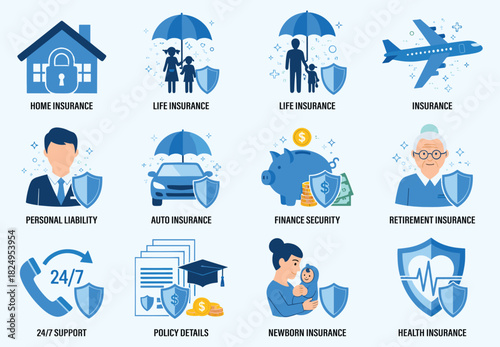 Various Insurance Types Illustrations Vector Home Life Auto Health and More.