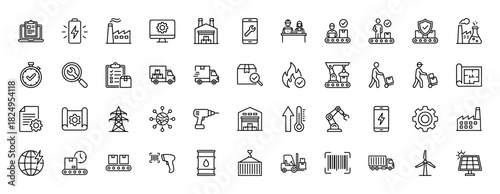 Manufacturing and logistics line icon set. Vector pictograms of factory, robot, conveyor, forklift, warehouse, truck, gear, energy and worker, thin linear illustration.