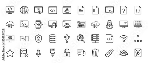 Software development line icon set. Vector pictograms of coding, cloud, database, server, bug, api, network security, usb and hardware, thin linear illustration.
