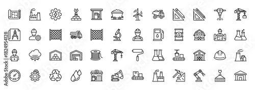 Industrial and construction line icon set. Vector pictograms of factory, engineer, crane, blueprint, truck, helmet, mining, energy, oil, robot, thin linear illustration.