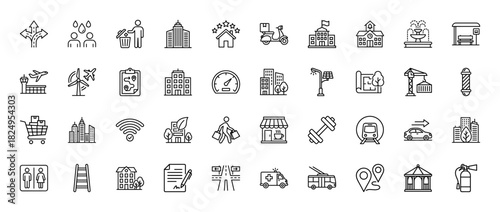 City infrastructure line icon set. Vector pictograms of government, delivery, hotel, transport, school, construction, gym and ambulance, thin linear illustration.