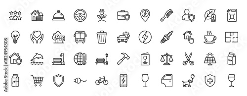 Eco energy and insurance line icon set. Vector pictograms of charging, solar panel, shield, recycling, smart home and shopping symbols, thin linear illustration.