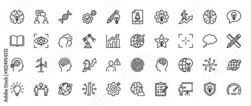 Business and education line icon set. Vector pictograms of idea, brain, gear, book, and innovation, thin linear illustration.