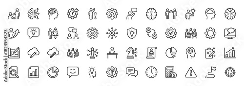 Business management line icon set. Vector pictograms of startup rocket, brainstorming lightbulb, strategic chess, financial chart, teamwork, thin linear illustration.
