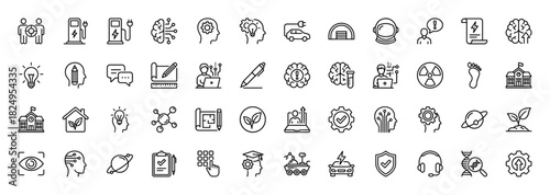 Innovation and technology line icon set. Vector pictograms of electric car, brain, astronaut, dna, school, eco house, gear, rover, thin linear illustration.