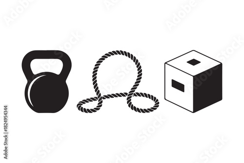 Kettlebell jump rope and medicine ball icons for fitness and exercise