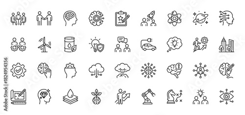 Technology and innovation line icon set. Vector pictograms of brain, strategy, idea, collaboration, startup, and sustainability, thin linear illustration.