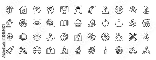Innovation and technology line icon set. Vector pictograms of brain, light bulb, robot, rocket, microscope, and windmill, thin linear illustration.