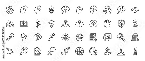 Creativity and idea line icon set. Vector pictograms of brain, light bulb, thinking head, puzzle, rocket, gear, target, pencil, innovation, thin linear illustration.