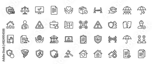 Insurance and liability line icon set. Vector pictograms of umbrella, gavel, shield, car accident, house flood, injury, policy document, thin linear illustration.