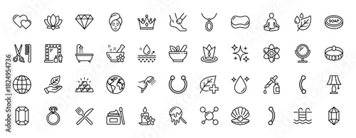 Beauty and spa line icon set. Vector pictograms of jewelry, cosmetics, wellness, bathtub, meditation, serum dropper, scissors, and diamond, thin linear illustration.