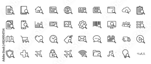 Universal search and information outline icon set. Vector pictograms of documents, world, finance, map, and delivery, thin linear illustration.