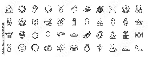 Jewelry and luxury fashion line icon set. Vector pictograms of diamond, ring, necklace, earrings, bracelet, watch, perfume, crown, dress, thin linear illustration.