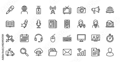 Media and journalism line icon set. Vector pictograms of television, microphone, reporter, newspaper, satellite, camera, megaphone, laptop, thin linear illustration.