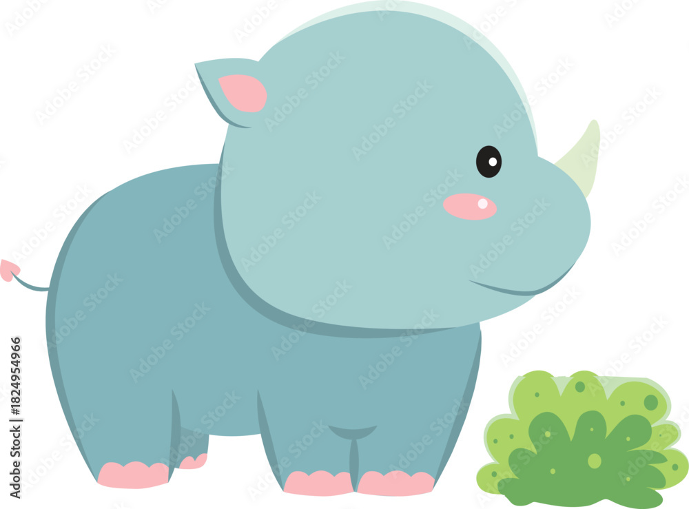 Naklejka premium Cartoon illustration of a cute baby rhino standing near a bush.