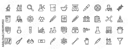 Science and laboratory thin line icon set. Vector pictograms of microscope, flask, beaker, and syringe, linear editable stroke illustration.