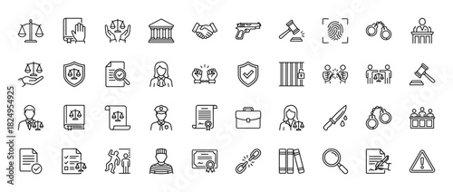 Justice and law line icon set. Vector pictograms of judge, gavel, handcuffs, scales, and court building, thin linear illustration.