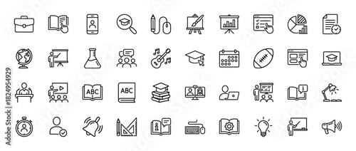 Education and learning line icon set. Vector pictograms of graduation cap, book, presentation, test, and student, thin linear illustration.