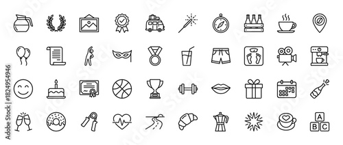 Celebration and leisure line icon set. Vector pictograms of trophies, gifts, sports equipment, food, and travel, thin linear illustration.