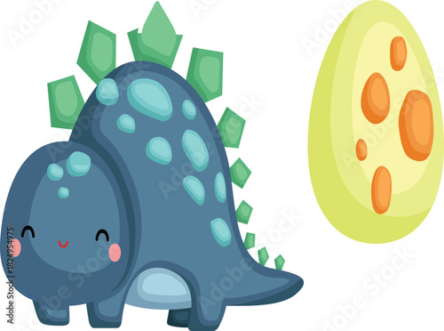 A cute baby stegosaurus dinosaur with a happy smiling face standing next to a spotted egg.