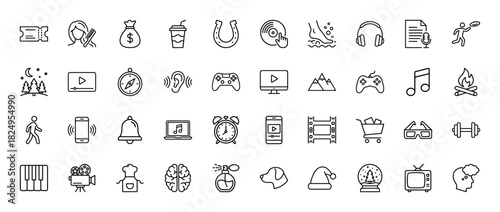 Leisure and entertainment line icon set. Vector pictograms of music, film, sport, gaming, and lifestyle concepts, thin linear illustration.