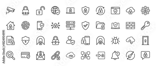 Cyber security line icon set. Vector pictograms of shield, padlock, firewall, cloud, fingerprint, camera, laptop and network, thin linear illustration.