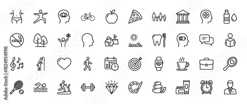 Health and wellness lifestyle line icon set. Vector pictograms of yoga, family, food, mental balance, gym, spa, sleep and dental care, thin linear illustration.