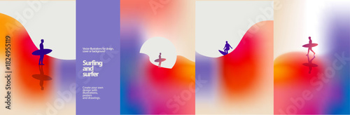 Minimal gradient surfing illustrations with soft abstract waves, vibrant color blends, and surfer silhouettes. Modern dreamy vector backgrounds perfect for summer posters, beach themes, and creative d