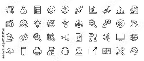 Business and management line icon set. Vector pictograms of settings, strategy, finance, and teamwork, thin linear illustration.