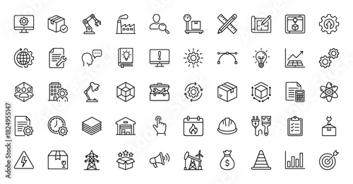 Industrial and manufacturing line icon set. Vector pictograms of factory, robot arm, warehouse, box, blueprint, gears, helmet, oil rig and tools, thin linear illustration.