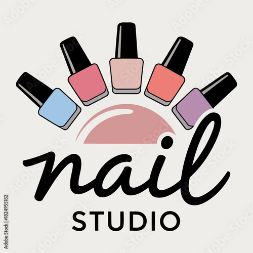 Modern nail studio logo design with pastel nail polish bottles and elegant typography for beauty branding
