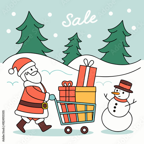 Christmas sale shopping banner with Santa snowman gift and winter landscape for holiday promotion poster header and online advertising design .