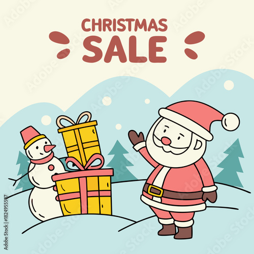Christmas sale shopping banner with Santa snowman gift and winter landscape for holiday promotion poster header and online advertising design .