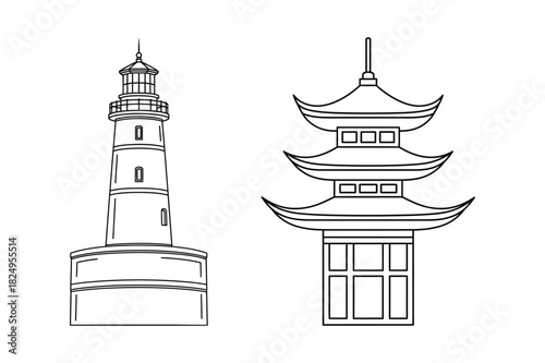 Lighthouse and pagoda architectural line drawing