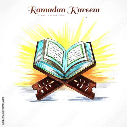 Holy Quran on Wooden Rehal Stand – Ramadan Kareem Background, Islamic Scripture, Religious Worship, Spiritual Blessings Vector Illustration