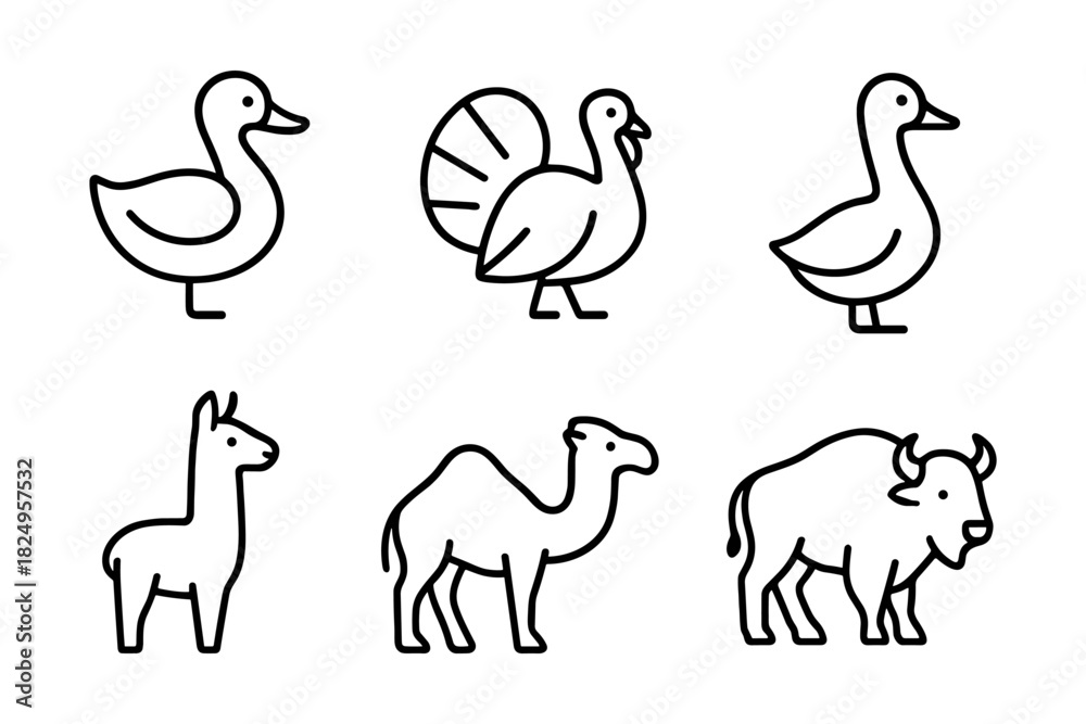 Naklejka premium Farm and wildlife animal icon set. Duck, turkey, alpaca, camel and bison for agriculture, Thanksgiving and nature projects. Vector illustration.