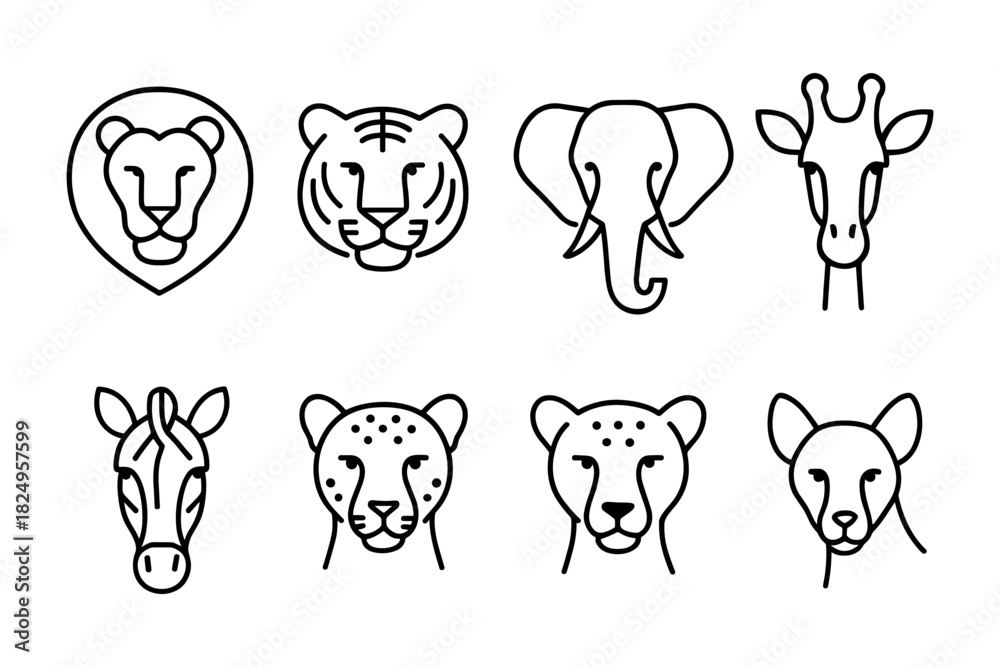 Naklejka premium Wild animal face icon set. Lion, tiger, elephant, giraffe, zebra and cheetah for safari, wildlife and nature projects. Vector illustration.