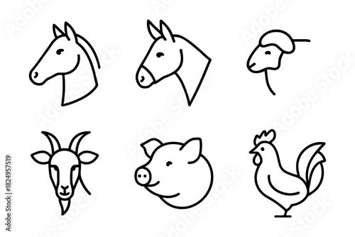 Farm animal head icons set. Horse, donkey, pig, goat, sheep and rooster for agriculture, food and farming designs. Vector illustration.
