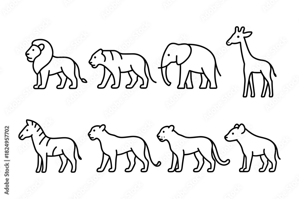 Naklejka premium Outline icons of wild African animals. Includes lion, tiger, elephant, giraffe, zebra, cheetah, leopard, and hyena in walking poses. Perfect for safari, zoo, or wildlife themes. Vector illustration.